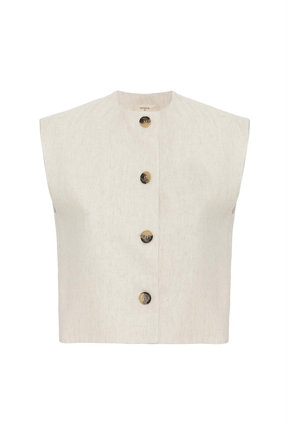 Antioch Ekru Keten Karışımlı Relax Fit Kadın Yelek