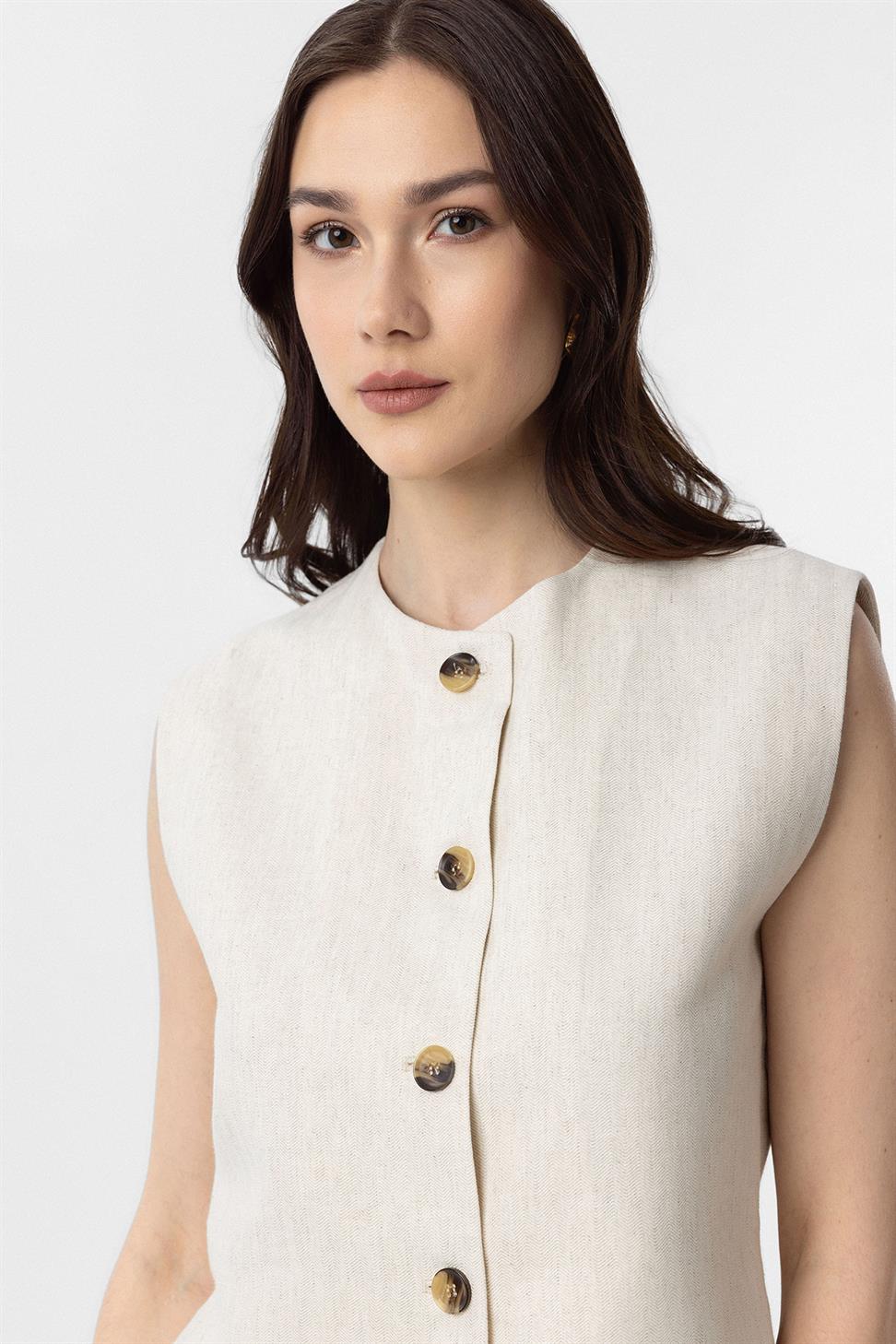 Antioch Ekru Keten Karışımlı Relax Fit Kadın Yelek