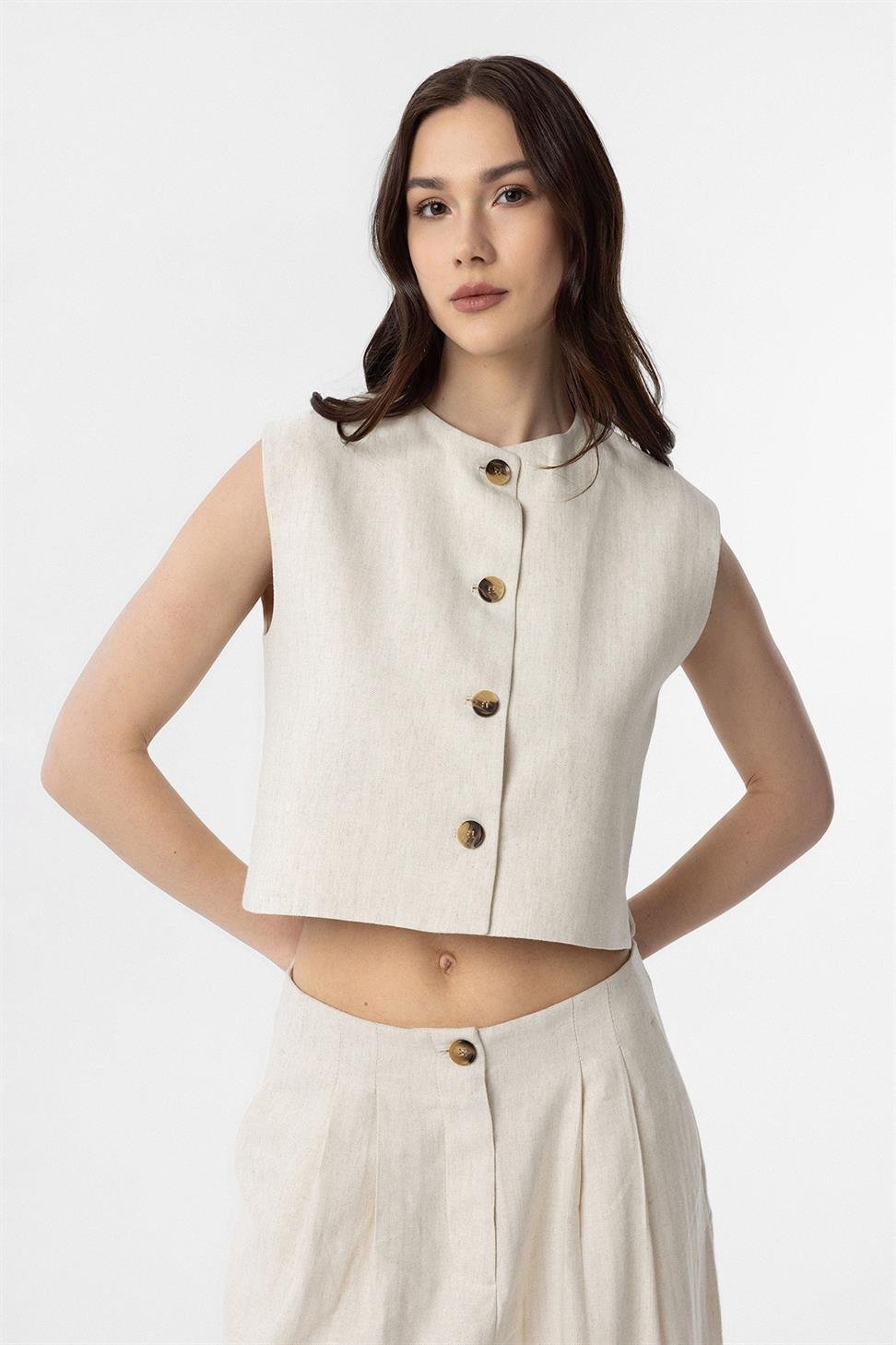 Antioch Ekru Keten Karışımlı Relax Fit Kadın Yelek