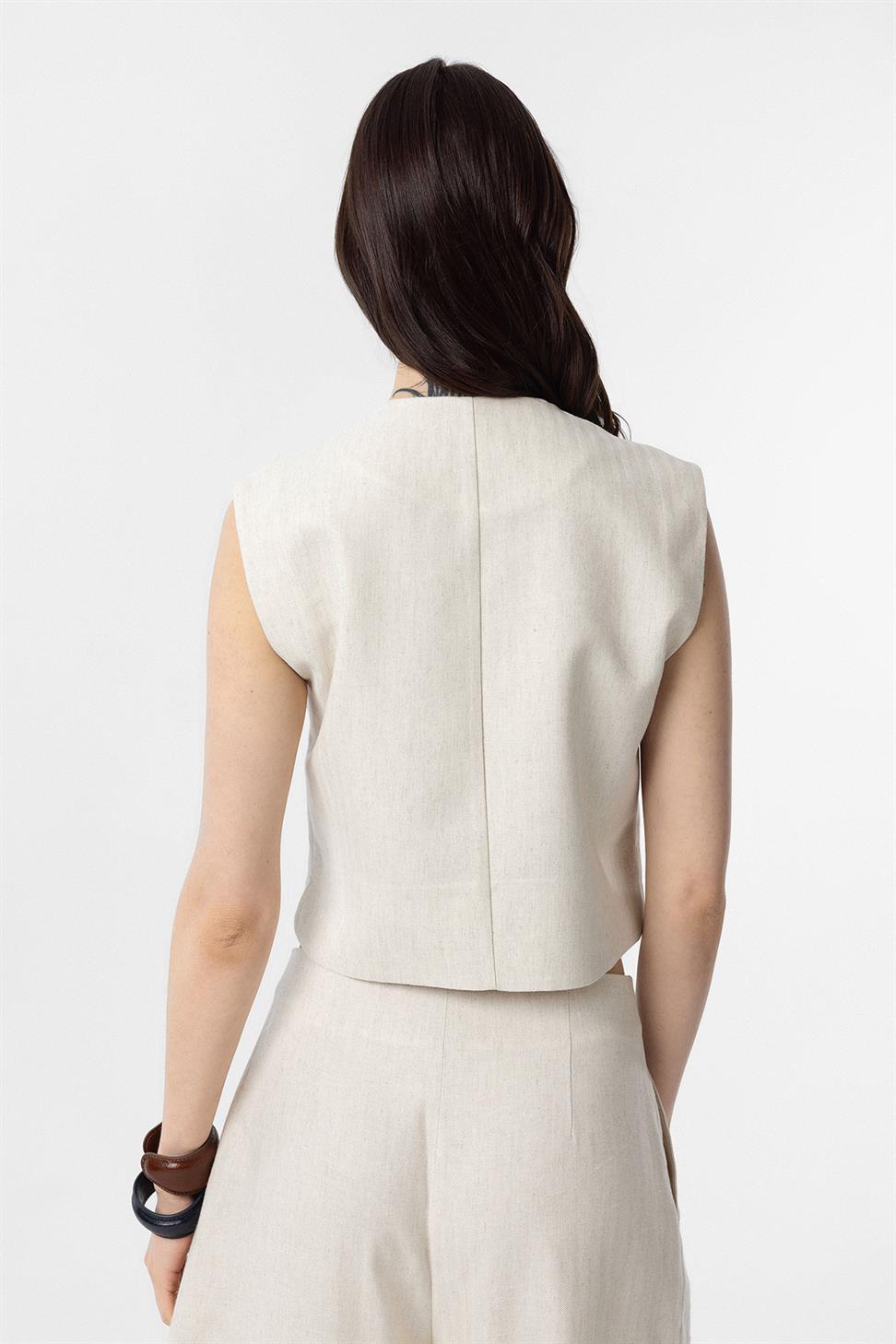 Antioch Ekru Keten Karışımlı Relax Fit Kadın Yelek