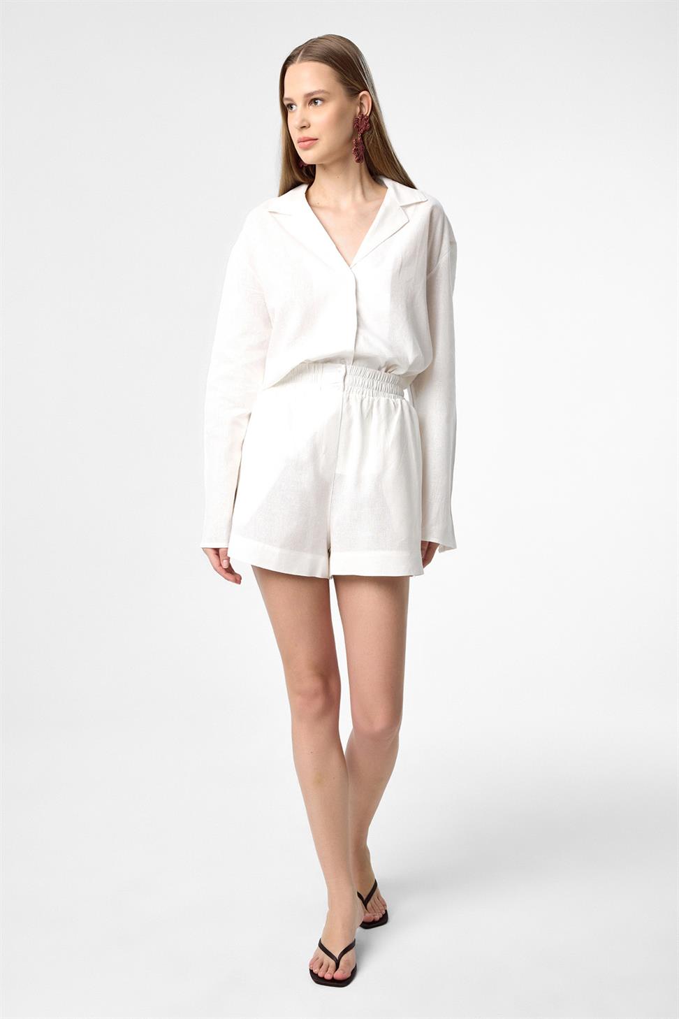 Antioch Ekru Keten Karışımlı Şort-Gömlek Kadın Takım