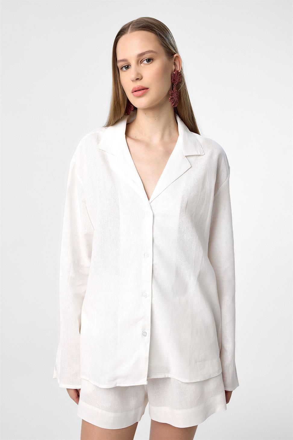 Antioch Ekru Keten Karışımlı Şort-Gömlek Kadın Takım