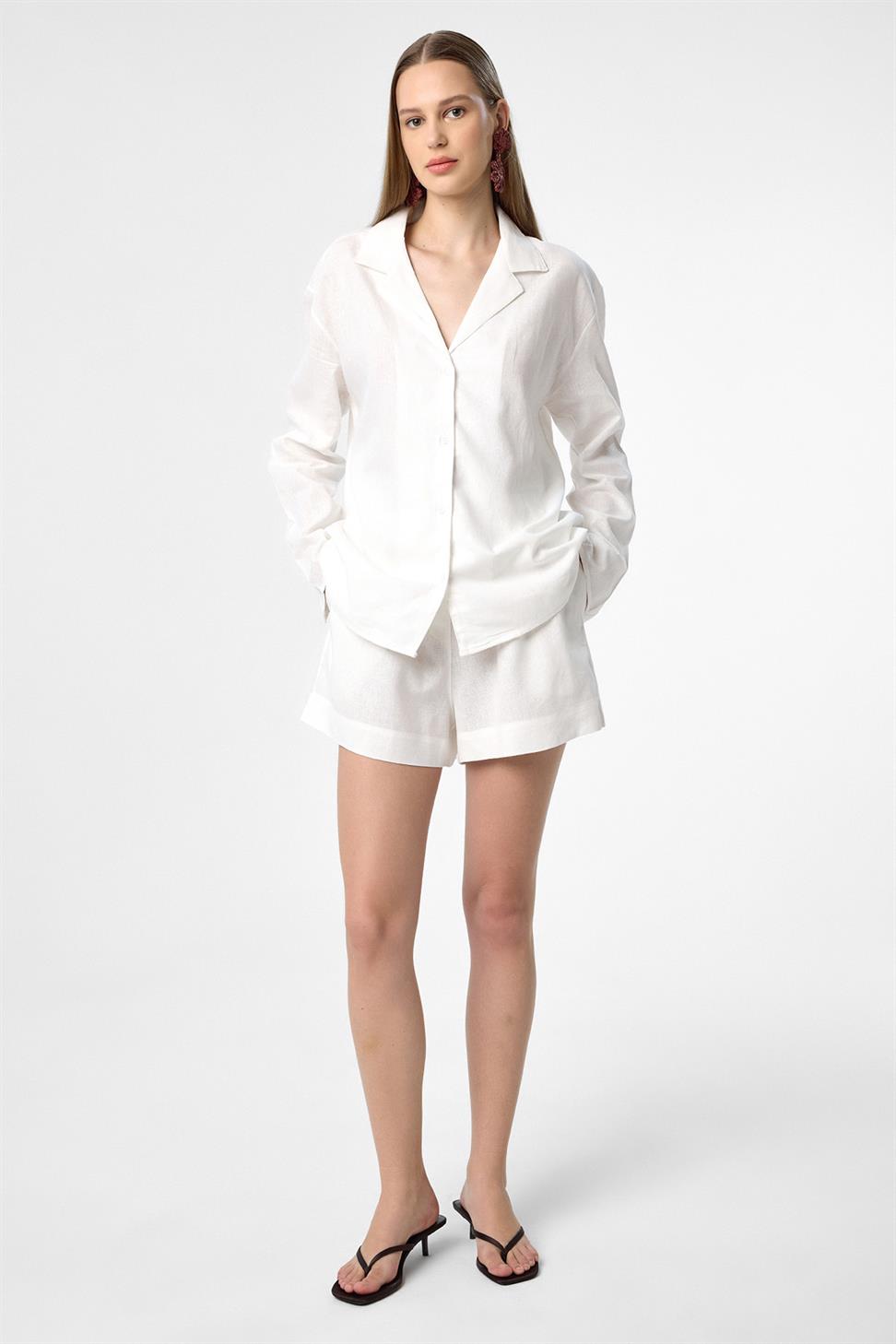 Antioch Ekru Keten Karışımlı Şort-Gömlek Kadın Takım