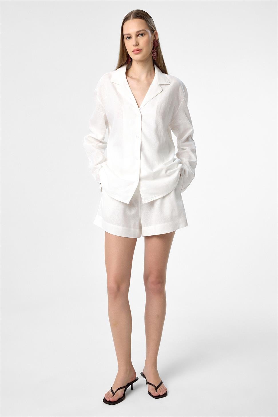 Antioch Ekru Keten Karışımlı Şort-Gömlek Kadın Takım