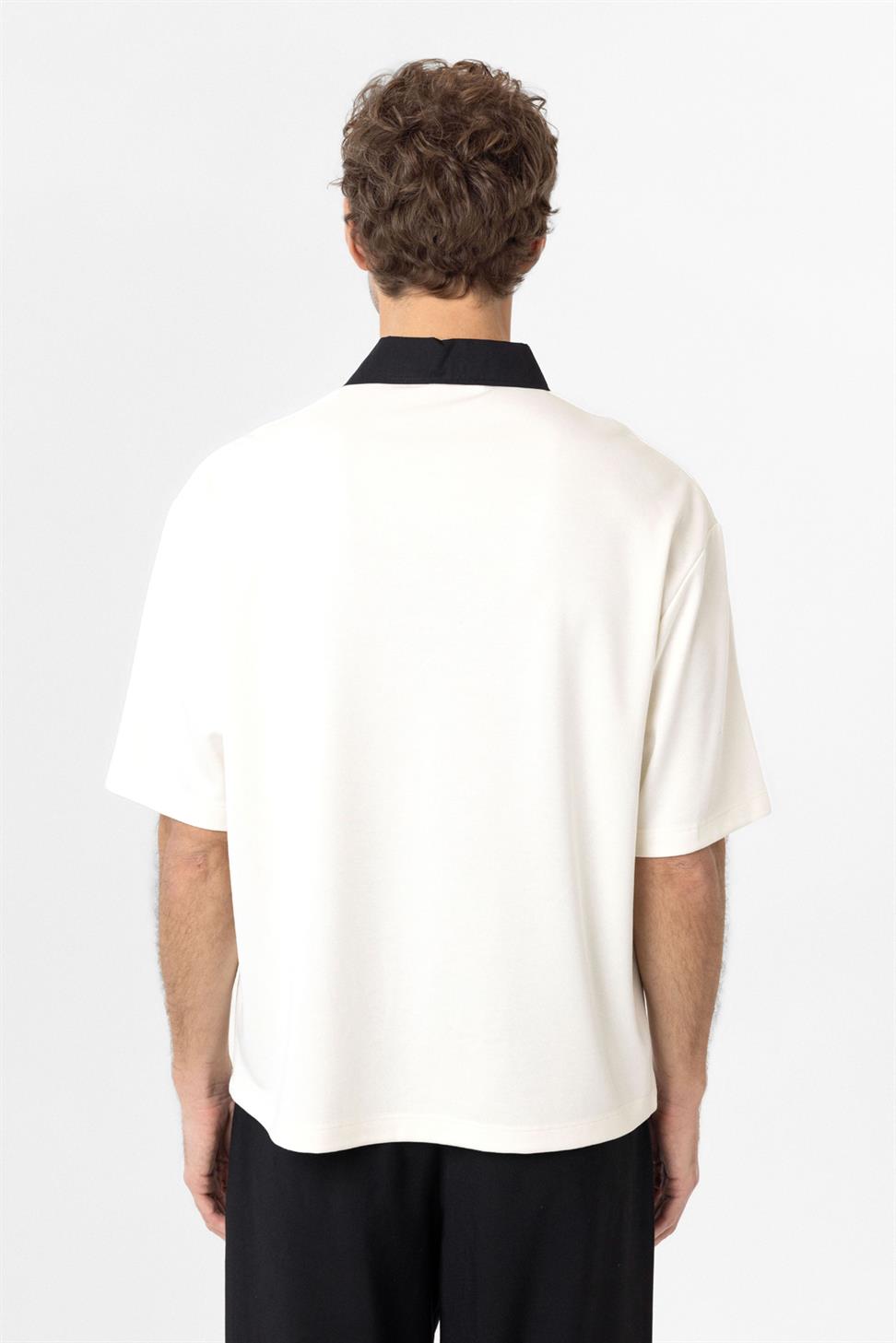 Antioch Ekru Kontrast Yaka İnterlok Dokulu Erkek T-Shirt