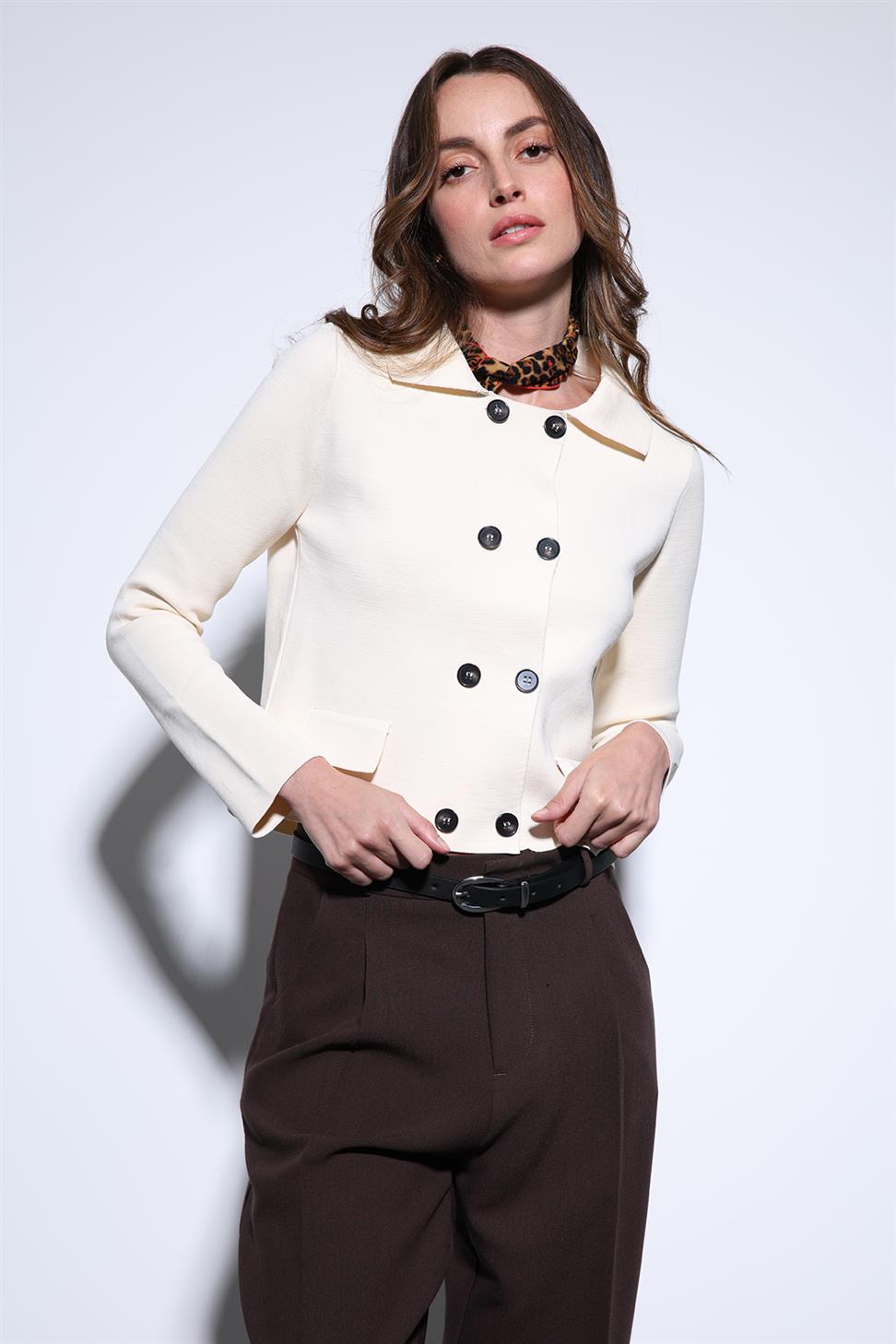 Antioch Ekru Kruvaze Kapama Kadın Triko Hırka