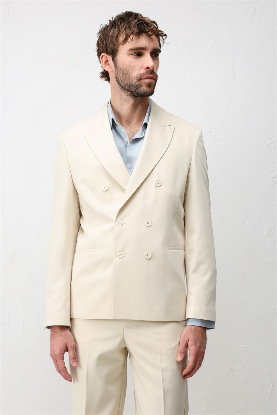 Antioch Ekru Kruvaze Relaxed Fit Erkek Blazer Ceket