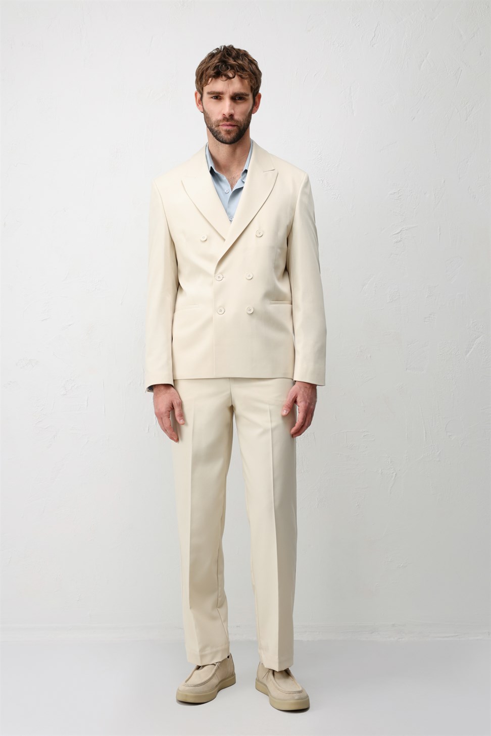 Antioch Ekru Kruvaze Relaxed Fit Erkek Blazer Ceket