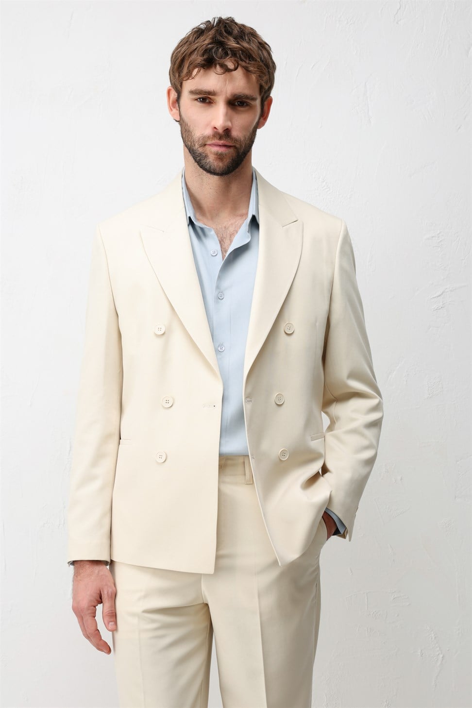 Antioch Ekru Kruvaze Relaxed Fit Erkek Blazer Ceket
