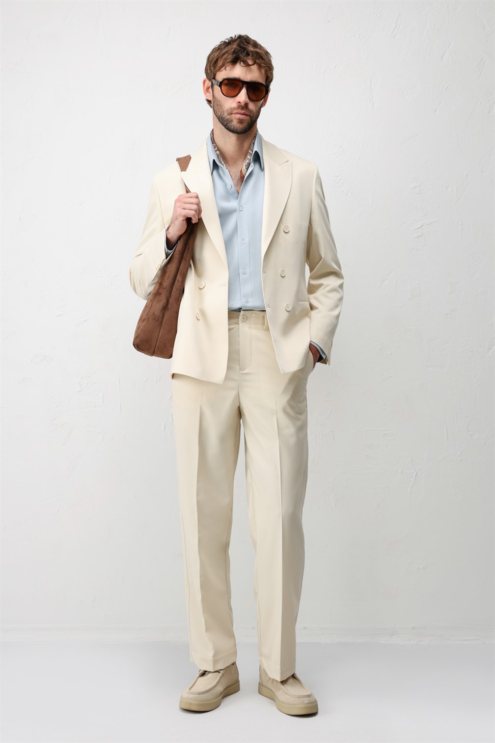 Antioch Ekru Kruvaze Relaxed Fit Erkek Blazer Ceket