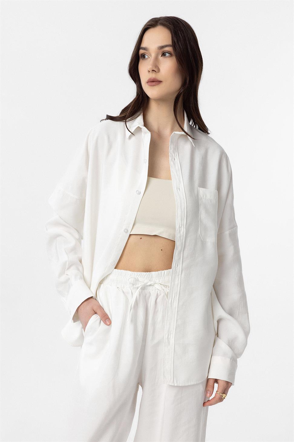 Antioch Ekru Modal Kadın Gömlek Pantolon Takım