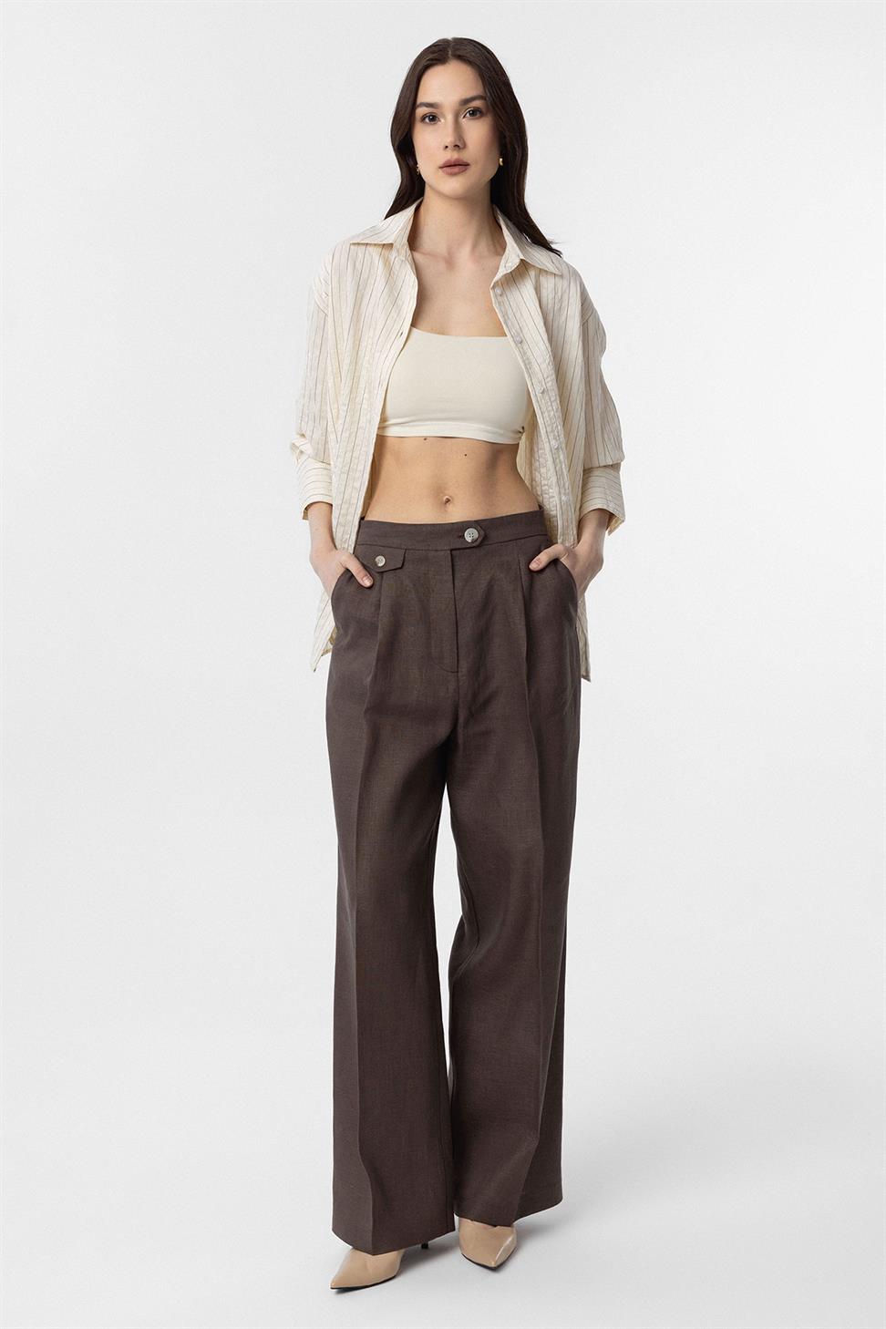 Antioch Ekru Modal Kumaş Çizgili Kadın Gömlek