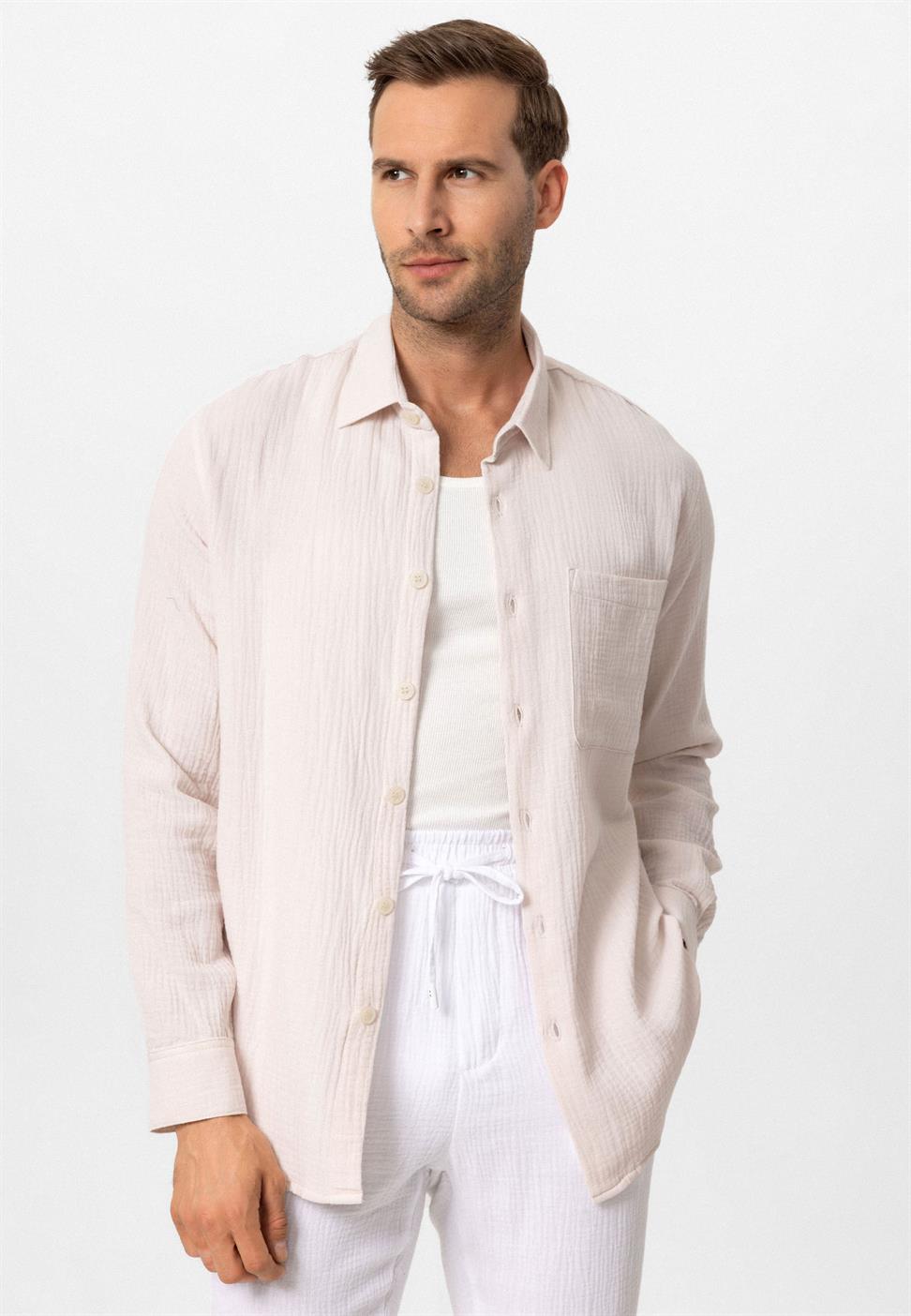 قميص رجالي بأكمام طويلة من نسيج موسلين