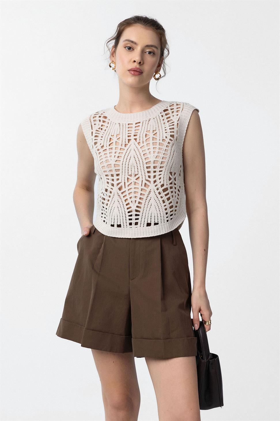 Antioch Ekru Örgü Detaylı Kadın Yelek