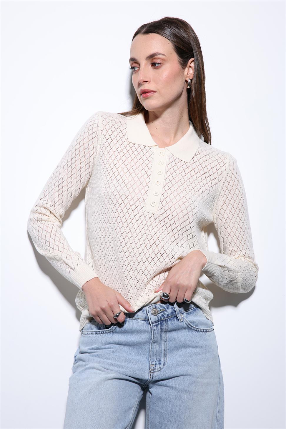 Antioch Ekru Polo Yaka Desenli Triko Kadın Kazak