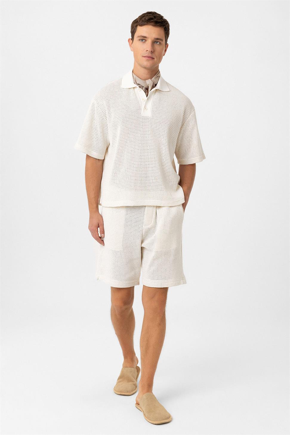 Antioch Ekru Polo Yaka Dokulu Relaxed Erkek T-Shirt