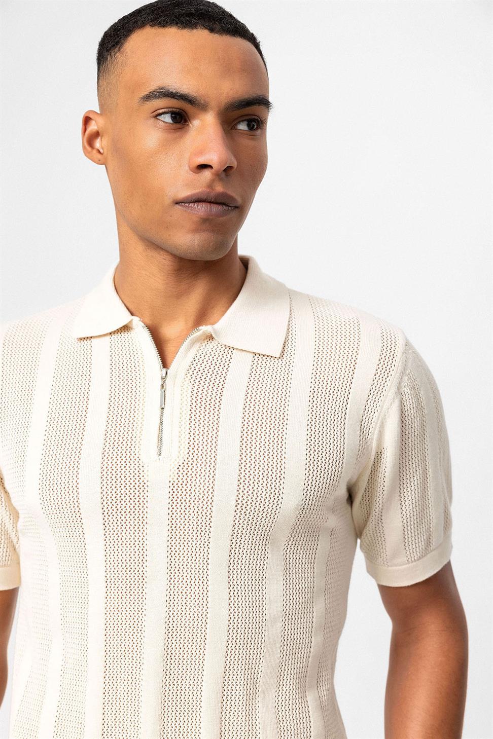 تي شيرت رجالي محبوك بياقة بولو بياقة بولو بسحاب