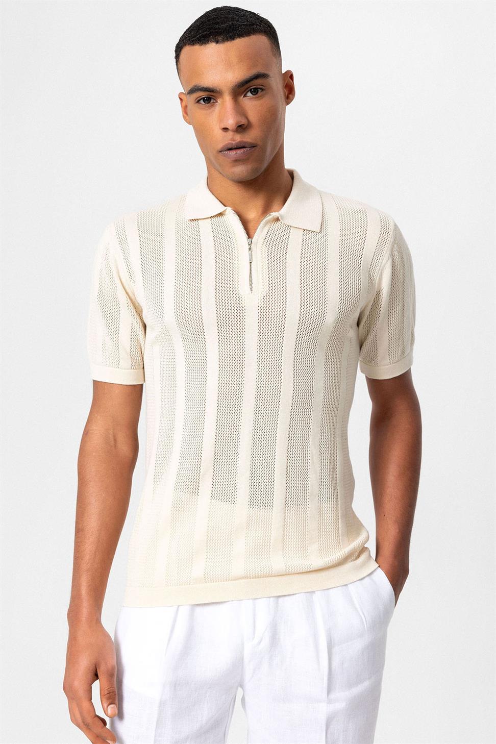 تي شيرت رجالي محبوك بياقة بولو بياقة بولو بسحاب