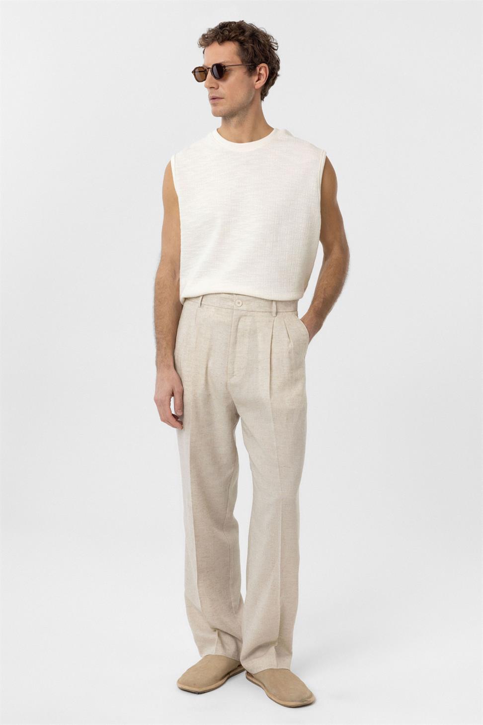 Antioch Ekru Regular Fit Dokulu Erkek Kolsuz T-Shirt