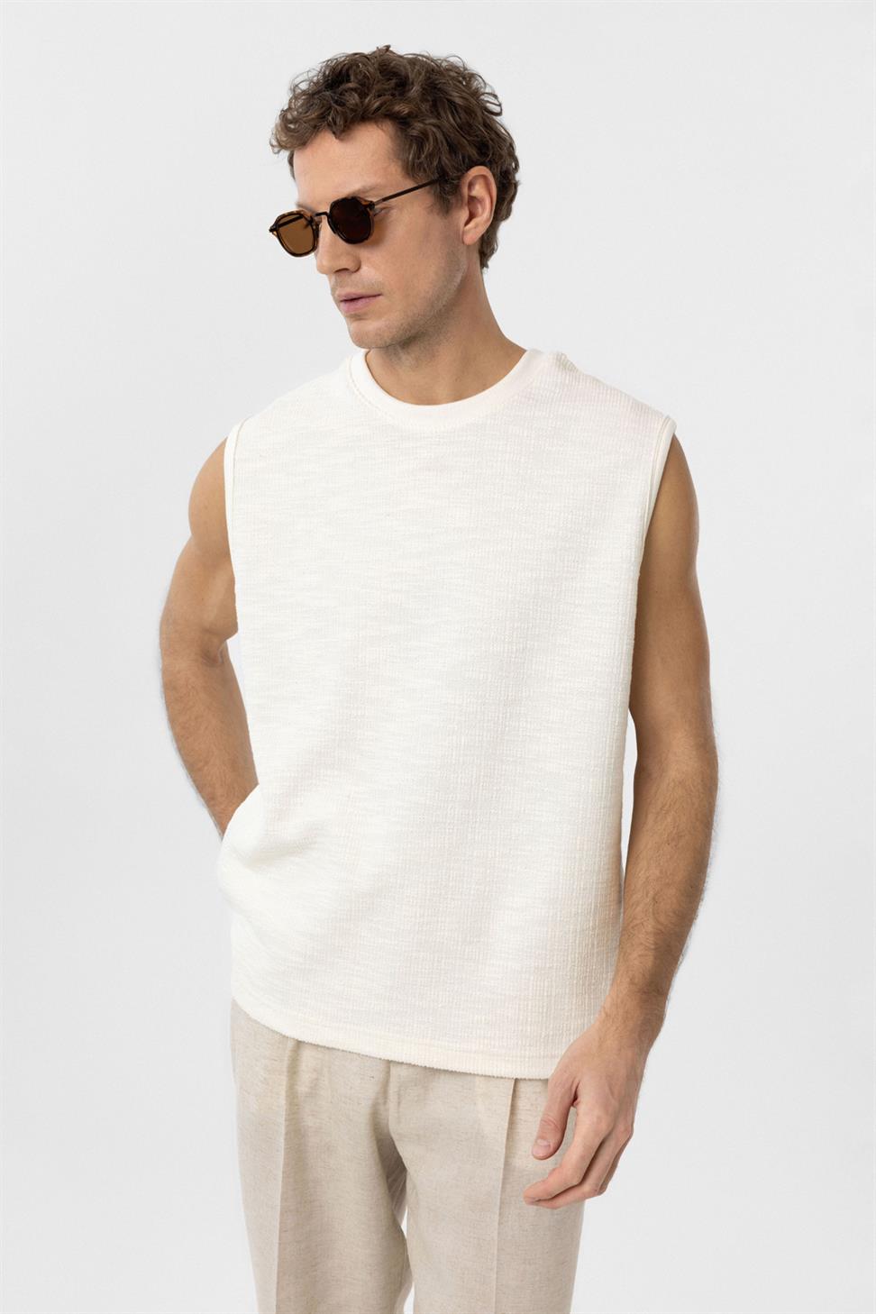 Antioch Ekru Regular Fit Dokulu Erkek Kolsuz T-Shirt