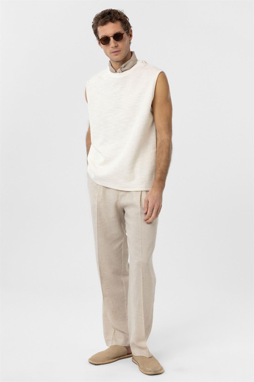 Antioch Ekru Regular Fit Dokulu Erkek Kolsuz T-Shirt