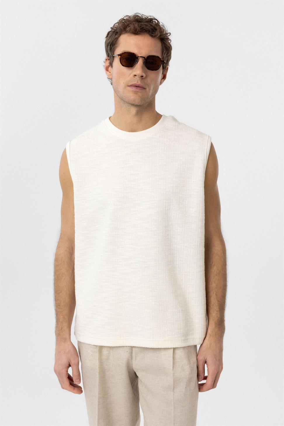 Antioch Ekru Regular Fit Dokulu Erkek Kolsuz T-Shirt