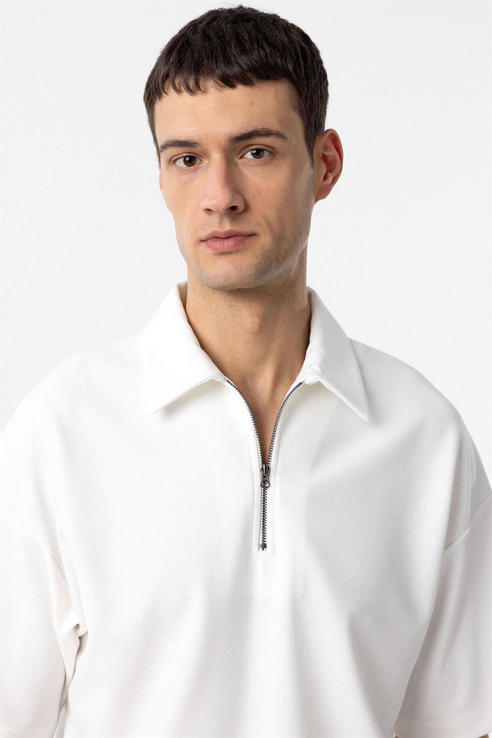 Antioch Ekru Relax Fit Fermuarlı Polo Yaka Erkek T-Shirt