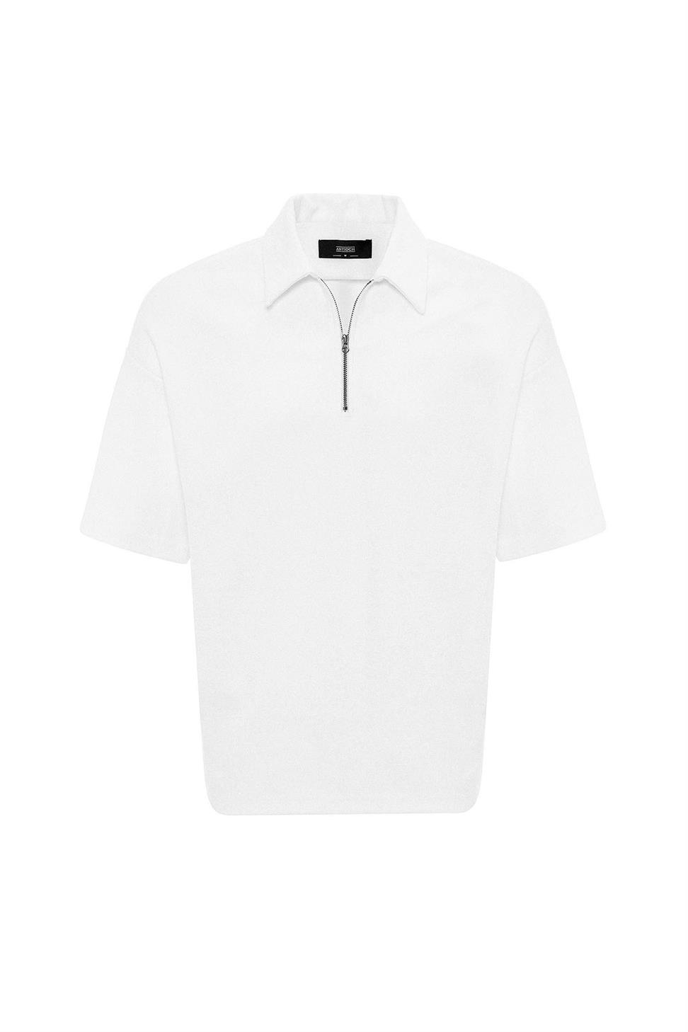 Antioch Ekru Relax Fit Fermuarlı Polo Yaka Erkek T-Shirt