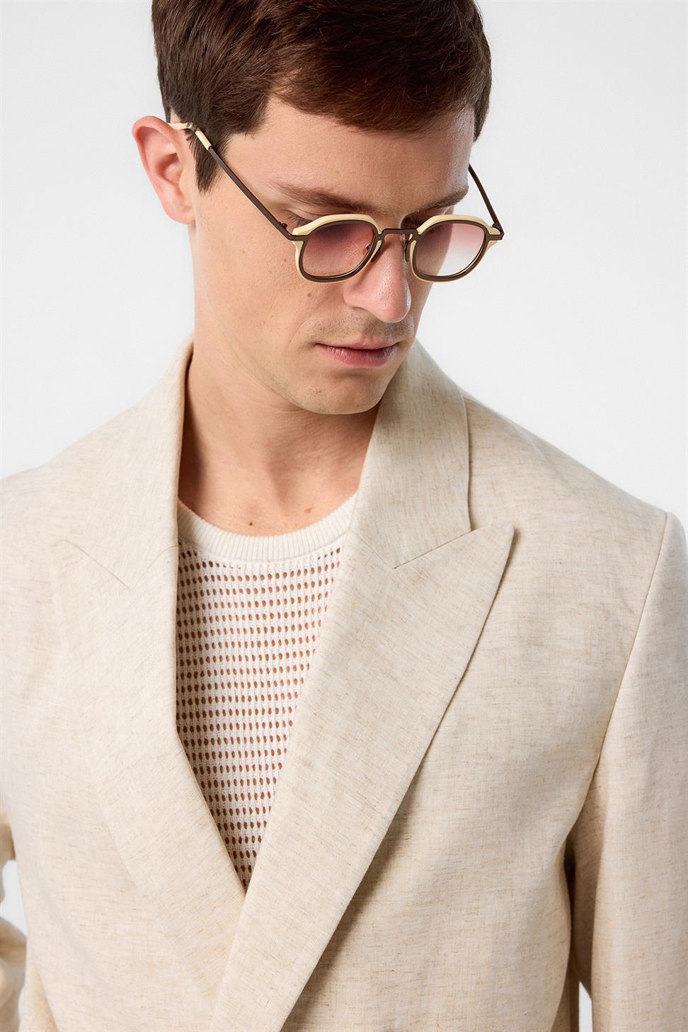 Antioch Ekru Relax Fit Keten Karışımlı Erkek Blazer Ceket