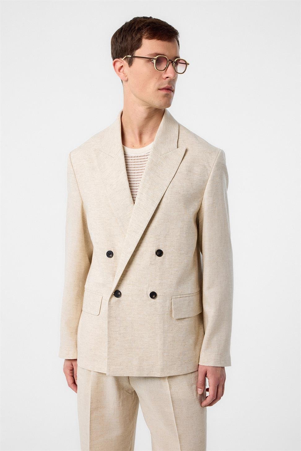 Antioch Ekru Relax Fit Keten Karışımlı Erkek Blazer Ceket
