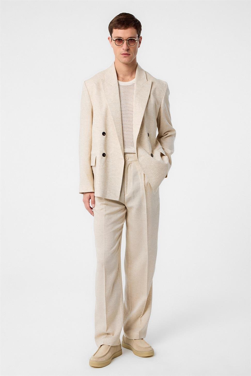 Antioch Ekru Relax Fit Keten Karışımlı Erkek Blazer Ceket