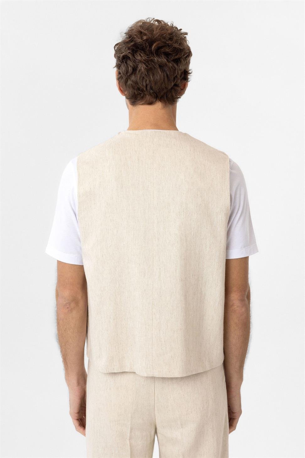Antioch Ekru Relax Fit Keten Karışımlı Erkek Yelek