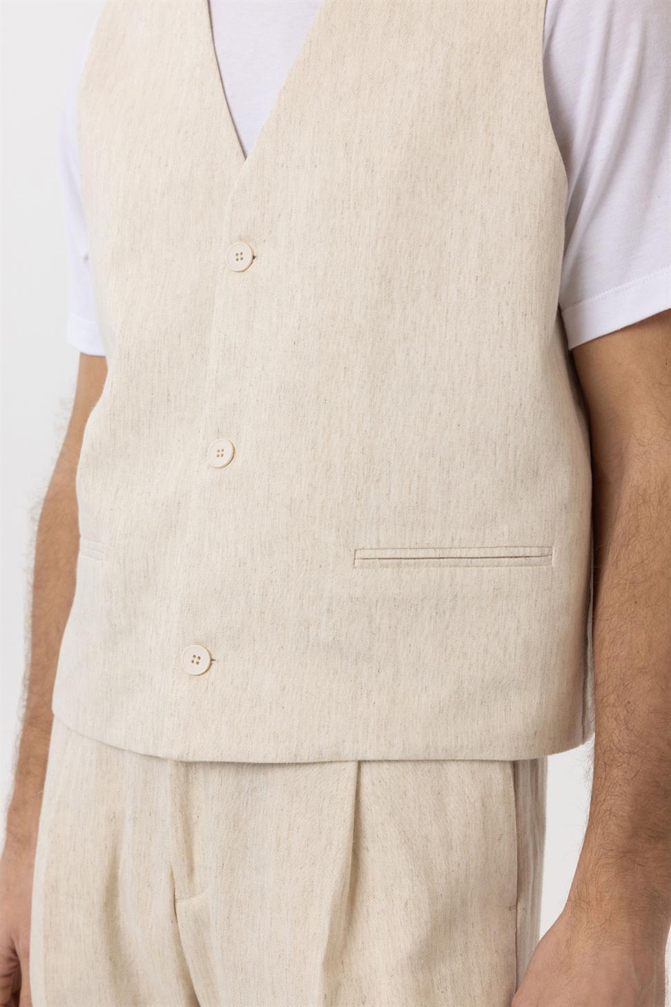 Antioch Ekru Relax Fit Keten Karışımlı Erkek Yelek
