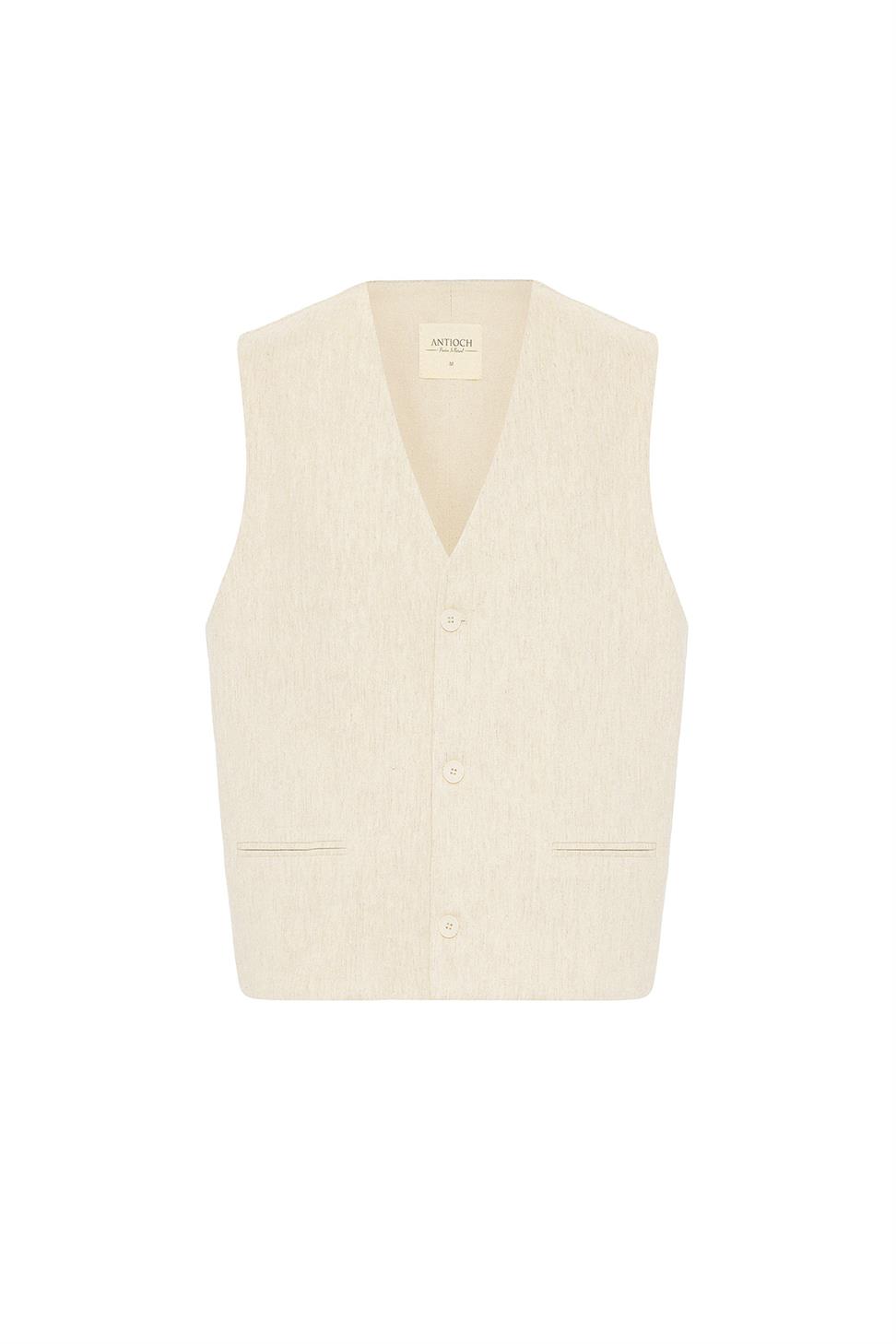 Antioch Ekru Relax Fit Keten Karışımlı Erkek Yelek