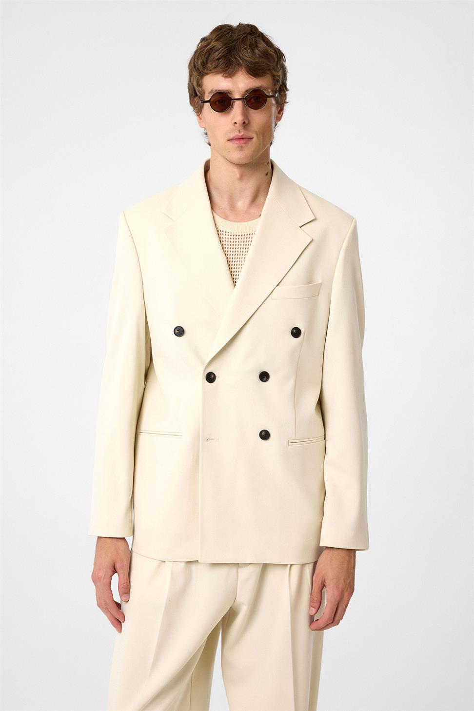 Antioch Ekru Relax Fit Kruvaze Erkek Blazer Ceket