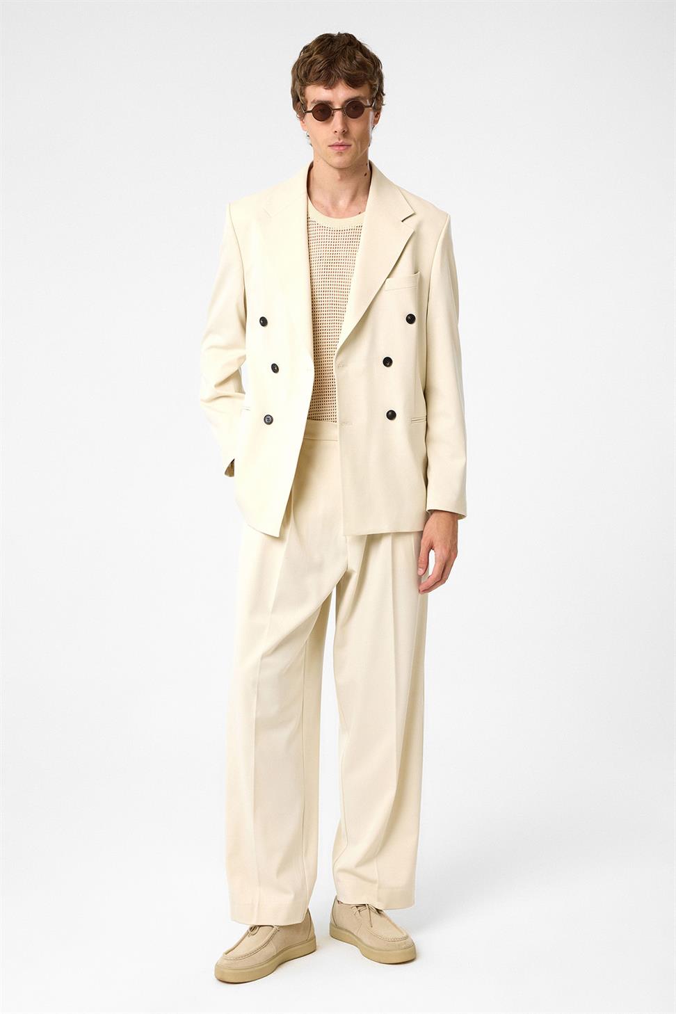 Antioch Ekru Relax Fit Kruvaze Erkek Blazer Ceket