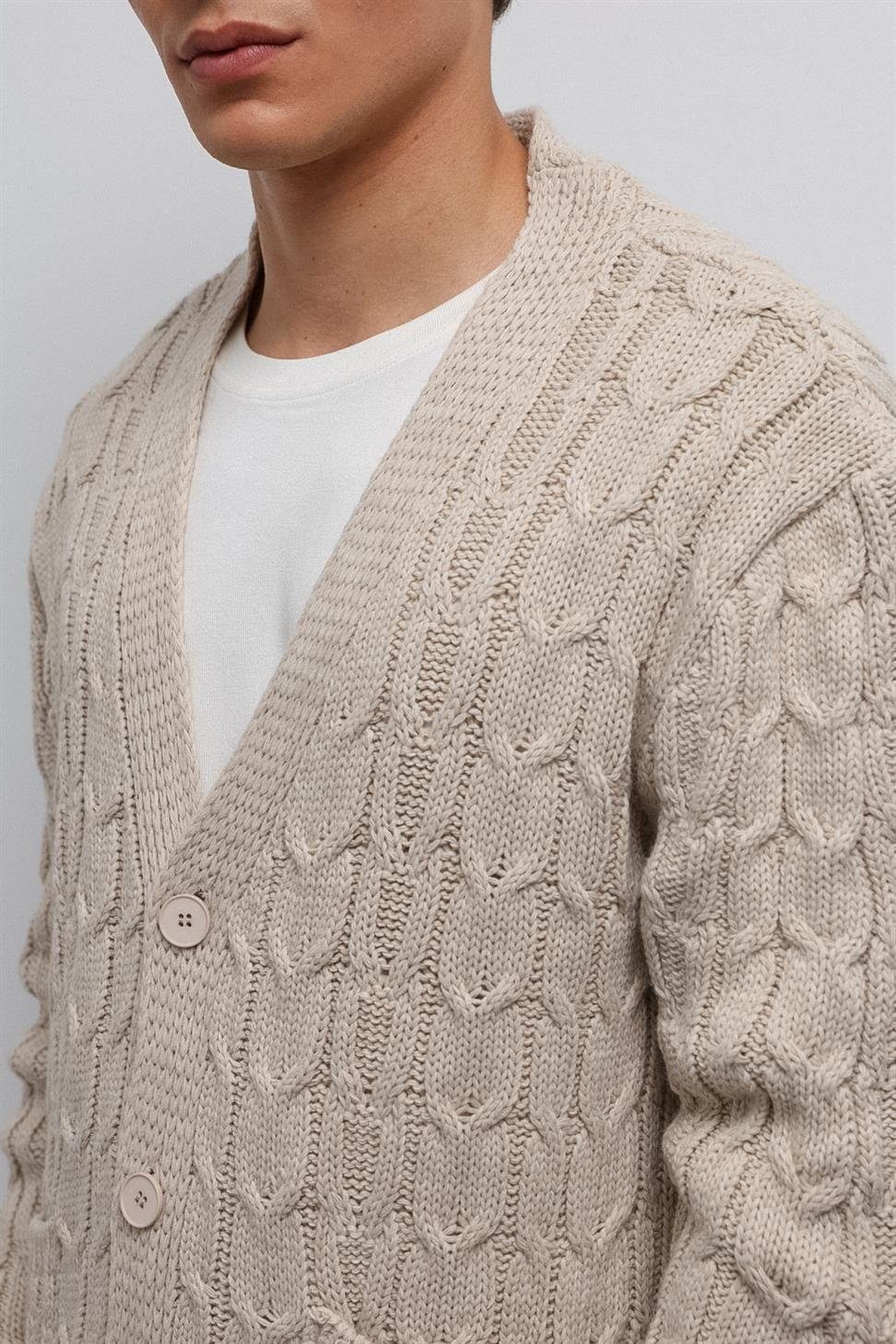 Antioch Ekru Saç Örgülü Dokulu Erkek Hırka