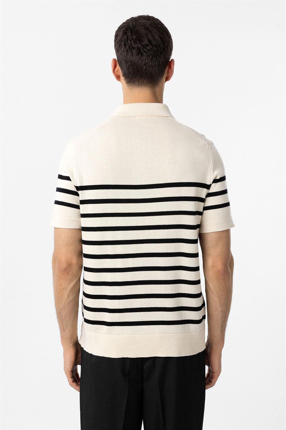 Antioch Ekru-Siyah Polo Yaka Çizgili Erkek Triko T-Shirt