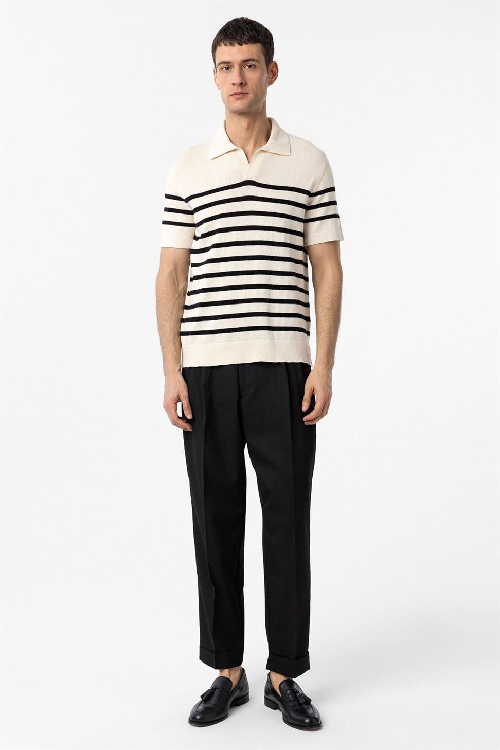 Antioch Ekru-Siyah Polo Yaka Çizgili Erkek Triko T-Shirt