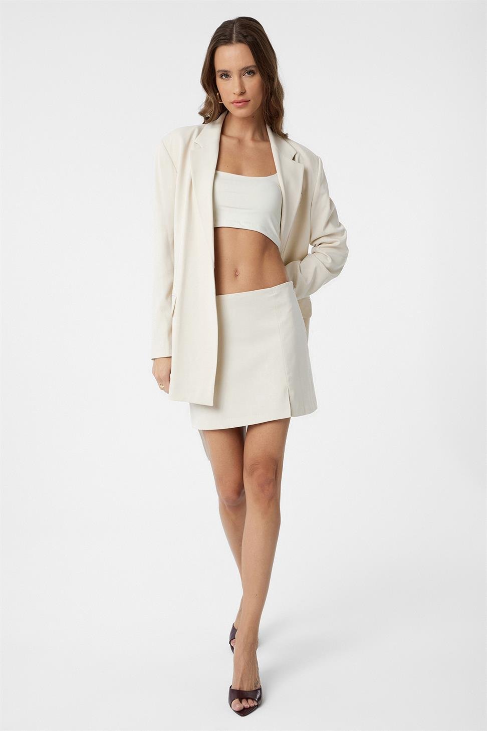 Antioch Ekru Yırtmaçlı Kadın Mini Etek