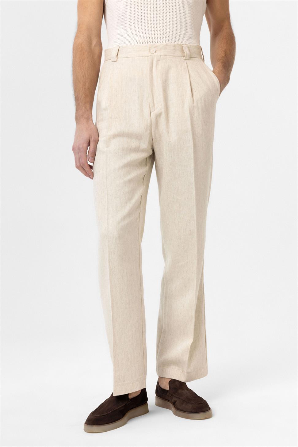 Antioch Ekru Yüksek Bel Keten Karışımlı Erkek Pantolon