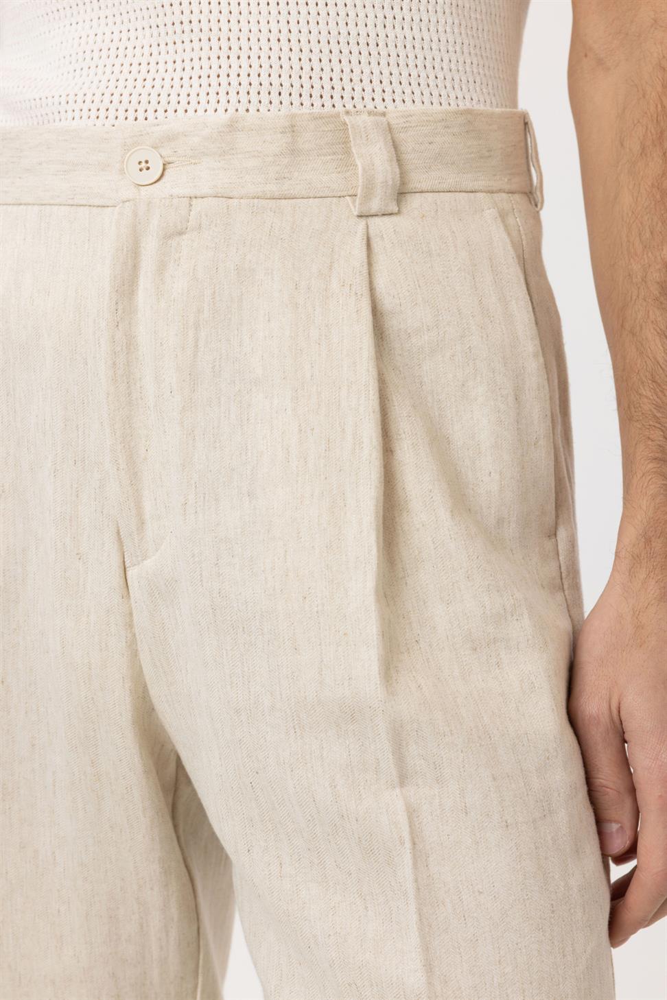 Antioch Ekru Yüksek Bel Keten Karışımlı Erkek Pantolon