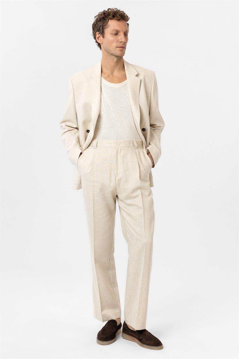 Antioch Ekru Yüksek Bel Keten Karışımlı Erkek Pantolon