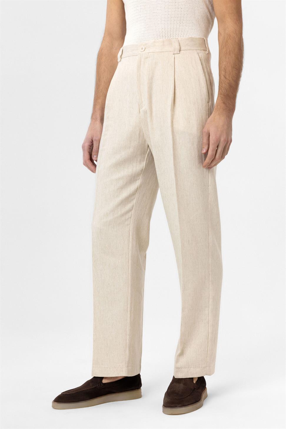 Antioch Ekru Yüksek Bel Keten Karışımlı Erkek Pantolon