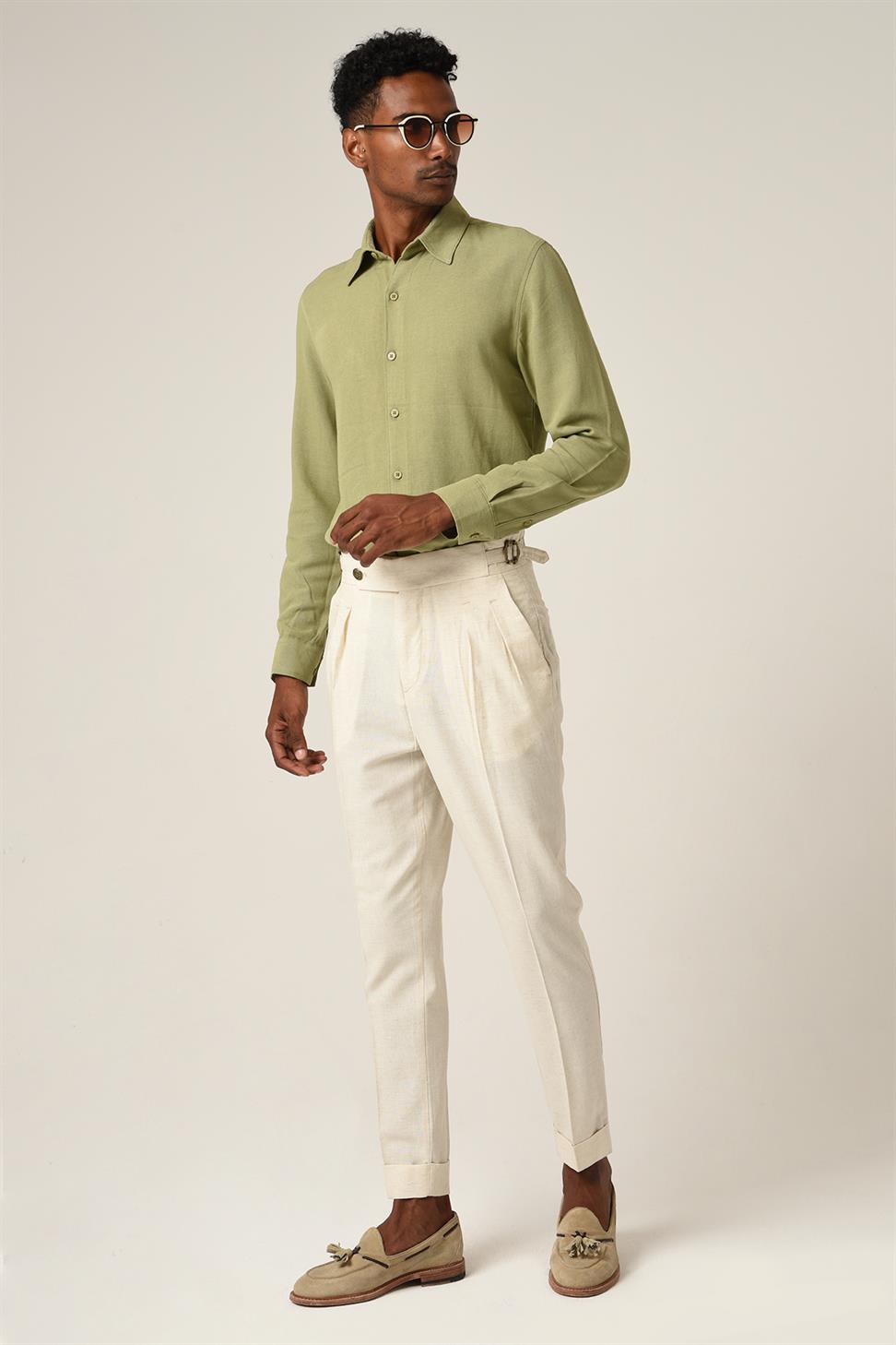 Antioch Ekru Yüksek Bel Toka Kemerli Pileli Keten Pantolon