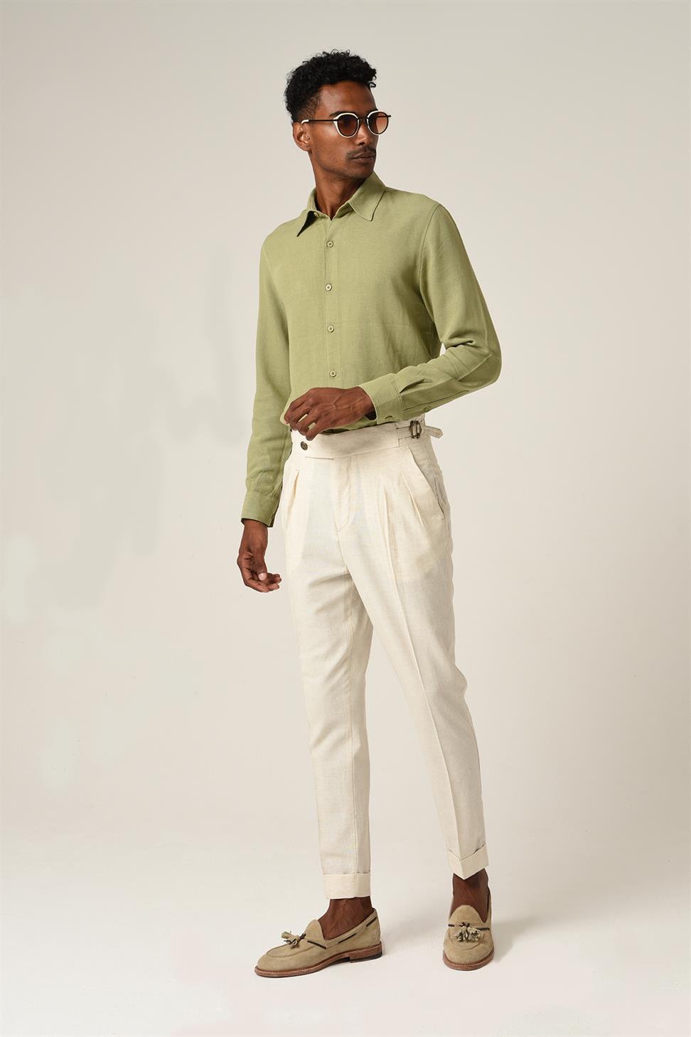 Antioch Ekru Yüksek Bel Toka Kemerli Pileli Keten Pantolon