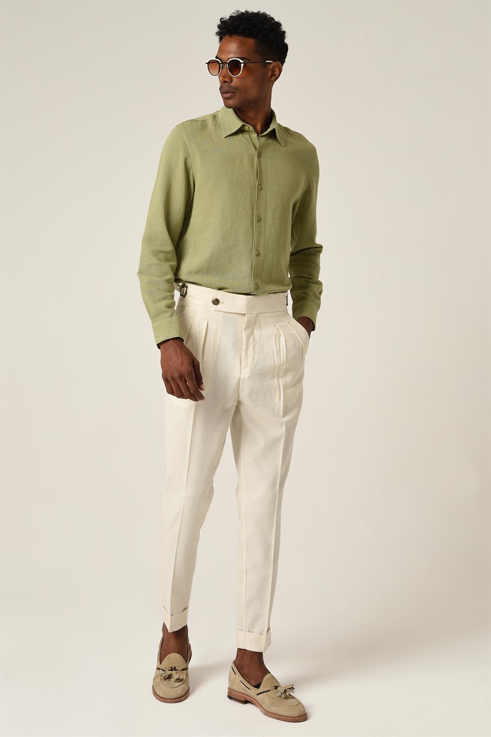 Antioch Ekru Yüksek Bel Toka Kemerli Pileli Keten Pantolon