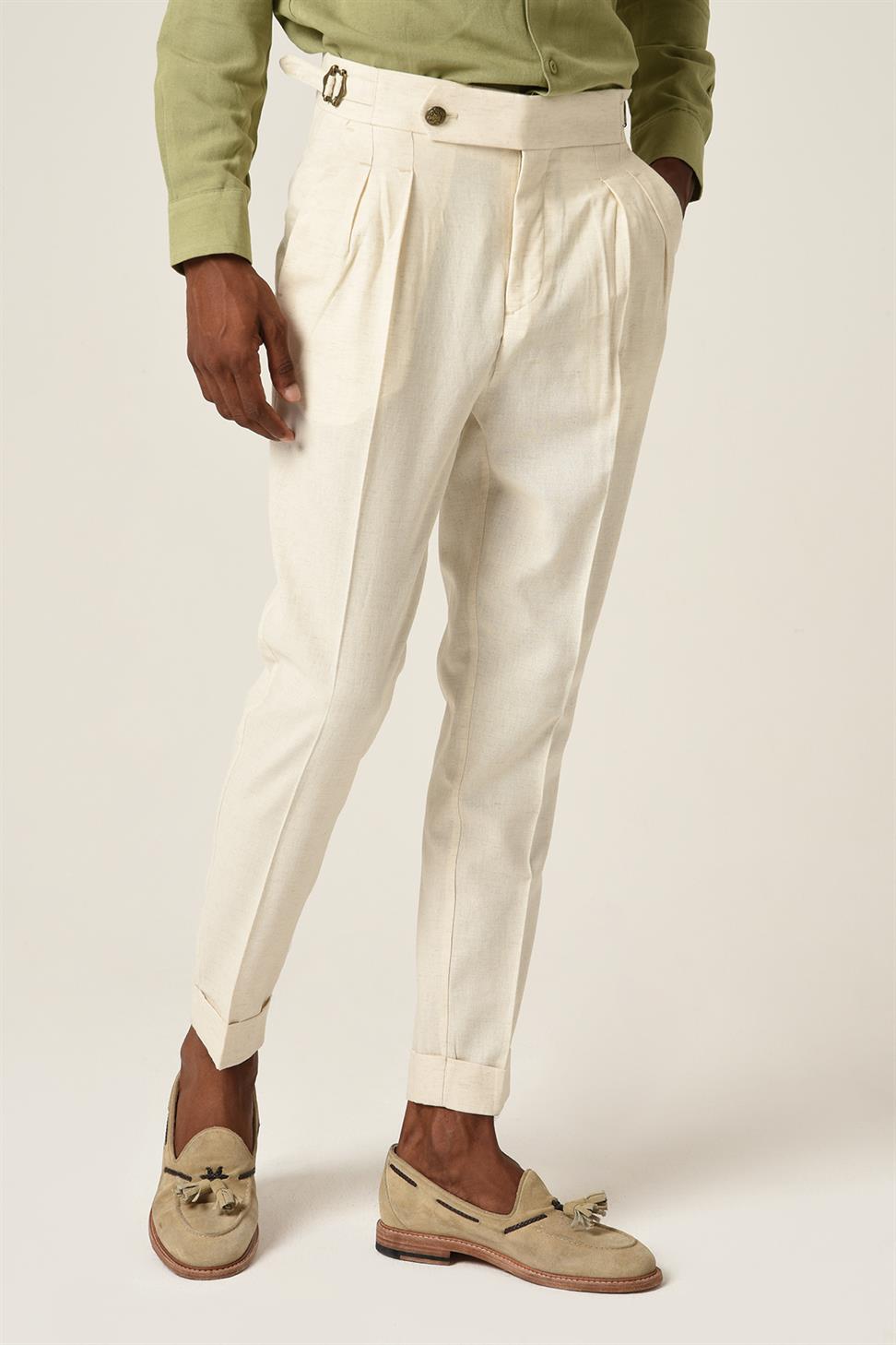 Antioch Ekru Yüksek Bel Toka Kemerli Pileli Keten Pantolon