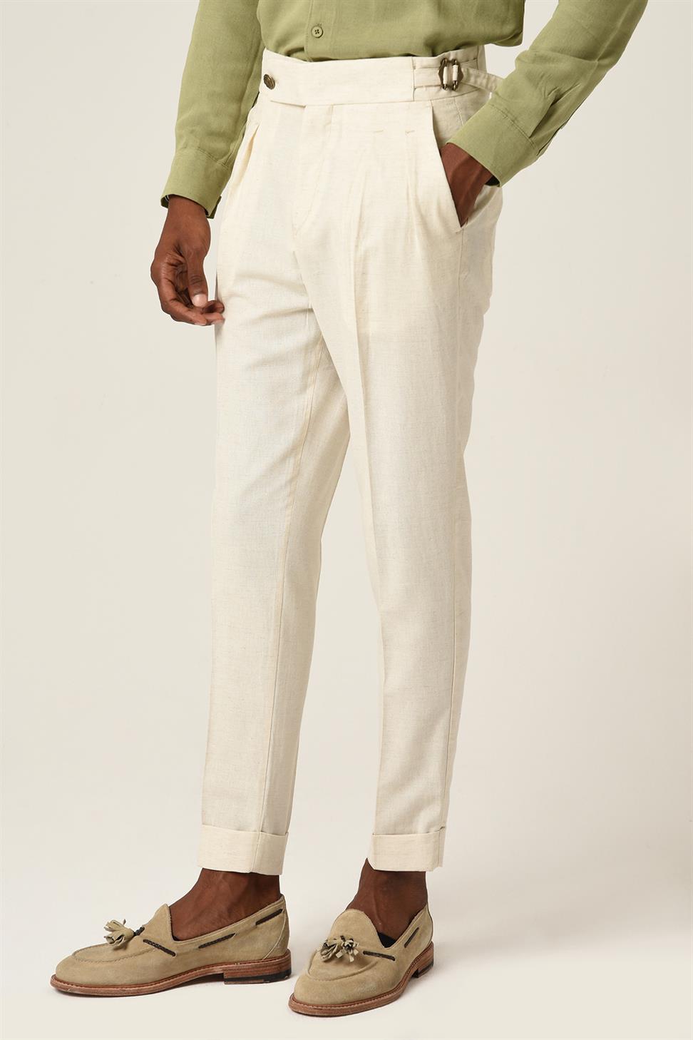 Antioch Ekru Yüksek Bel Toka Kemerli Pileli Keten Pantolon