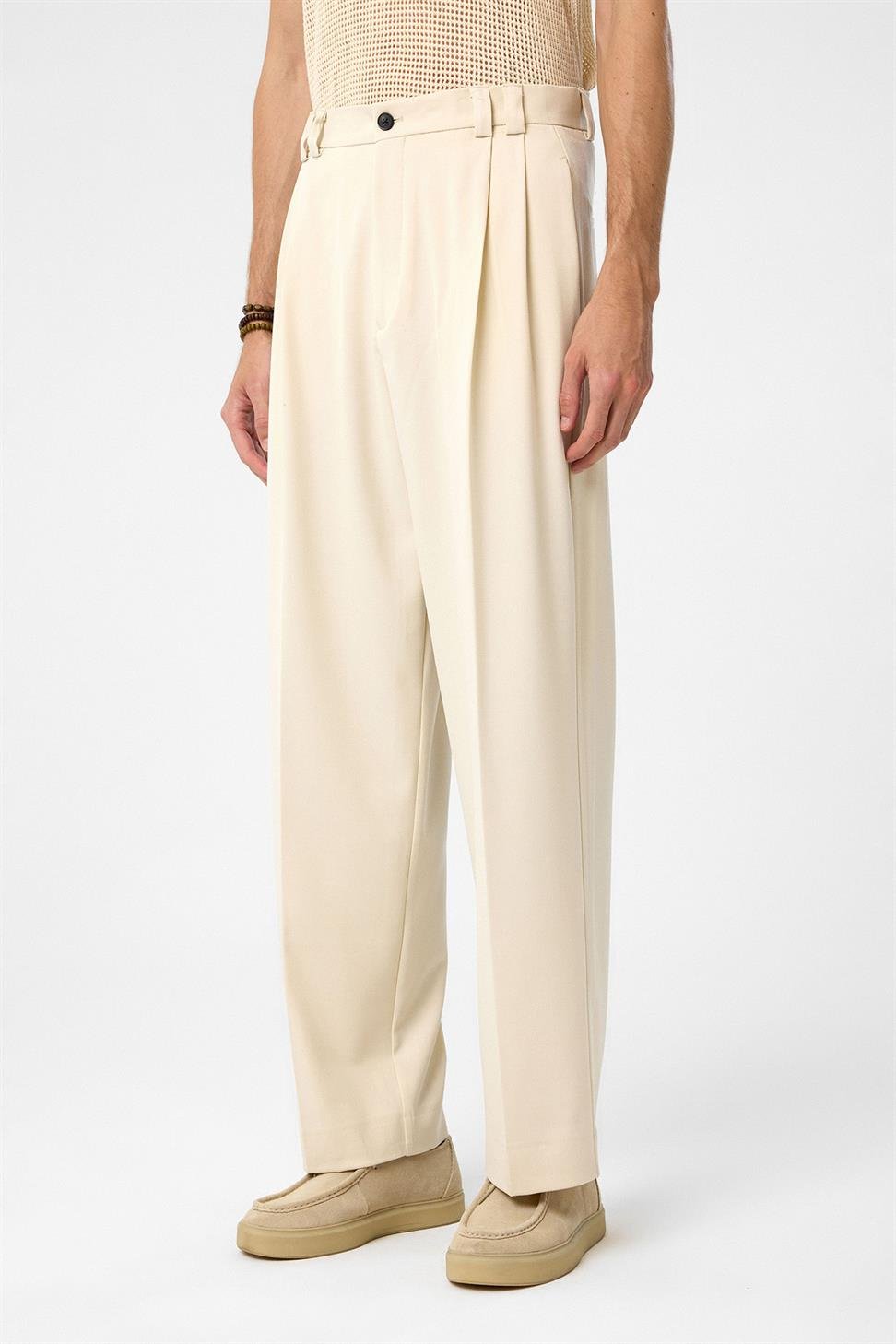 Antioch Ekru Yüksel Bel Relax Fit Pileli Erkek Pantolon